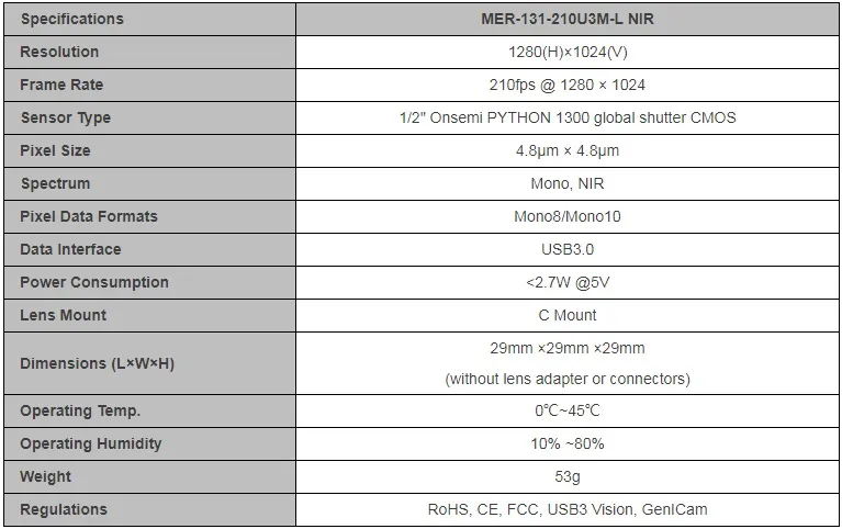 Specifications-MER-131-210U3M-L NIR